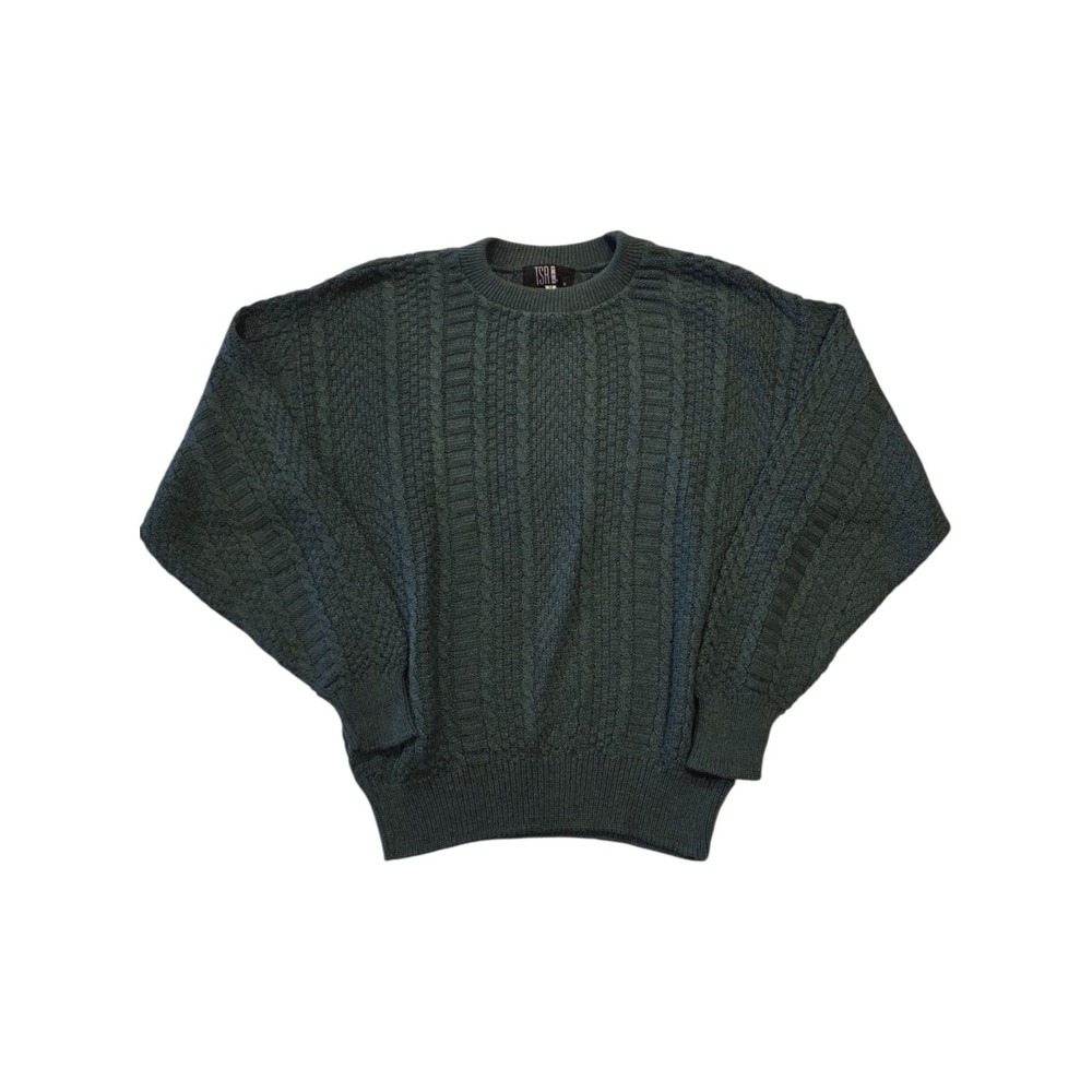 Vintage TSR Cable Knit Sweater Mens M Green USA Made Acrylic Silk Blend